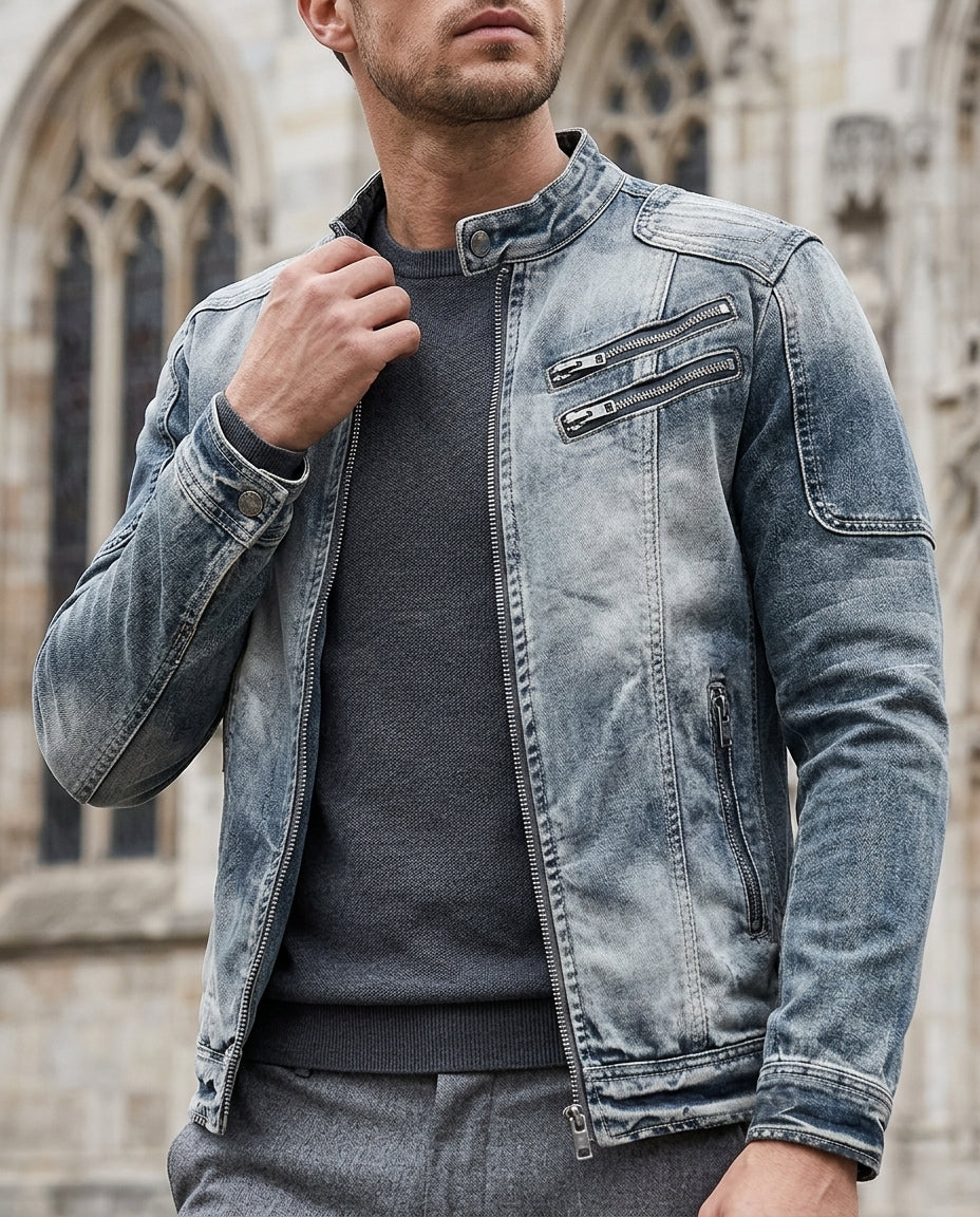 Men's Gray Weathered Denim Moto Jacket with Stand Collar & Zip Pockets | Thomler