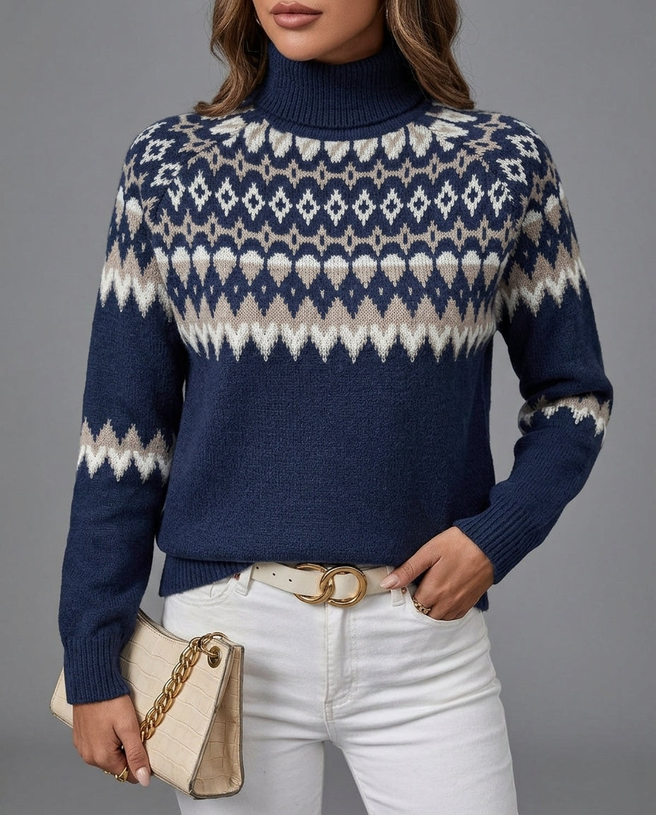 Nordic Print High-Neck Pullover for Women – Long-Sleeve Snowflake Design Holiday Knit | Thomler