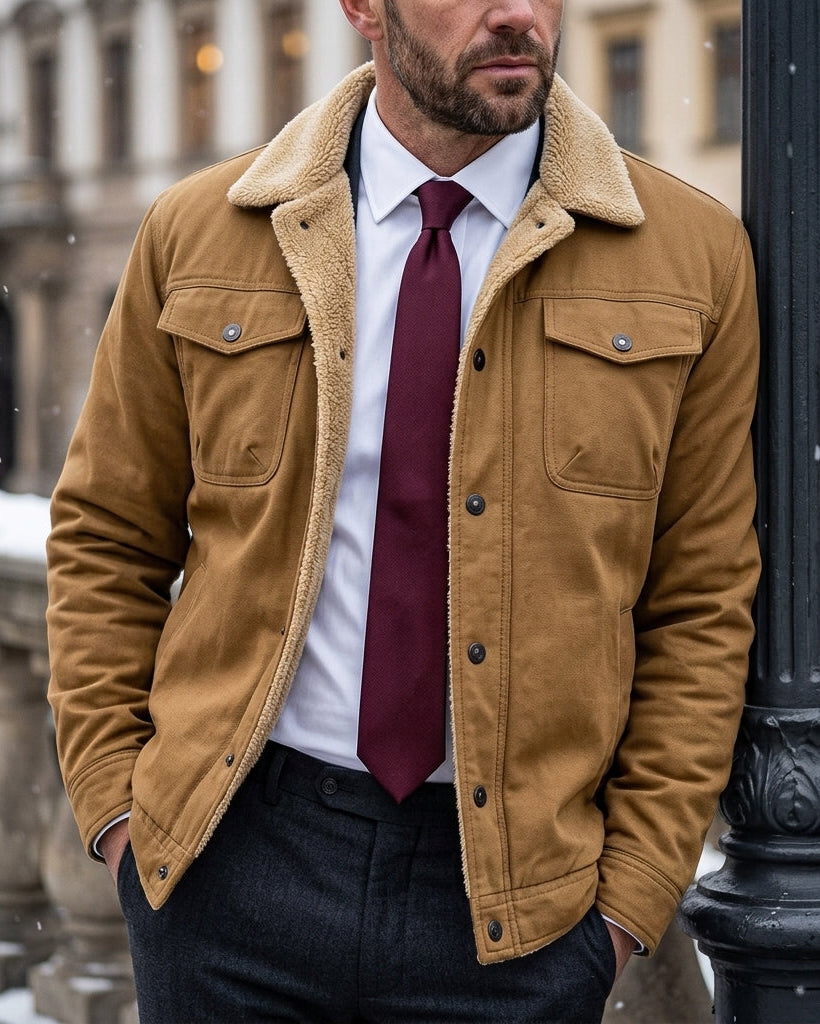Men's Button-Front Workwear Jacket with Fleece Lining for Cold Weather Layering & Daily Wear | Thomler