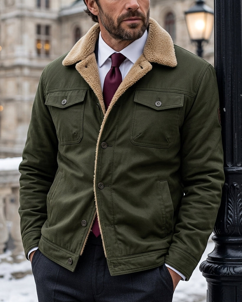 Men's Button-Front Workwear Jacket with Fleece Lining for Cold Weather Layering & Daily Wear | Thomler