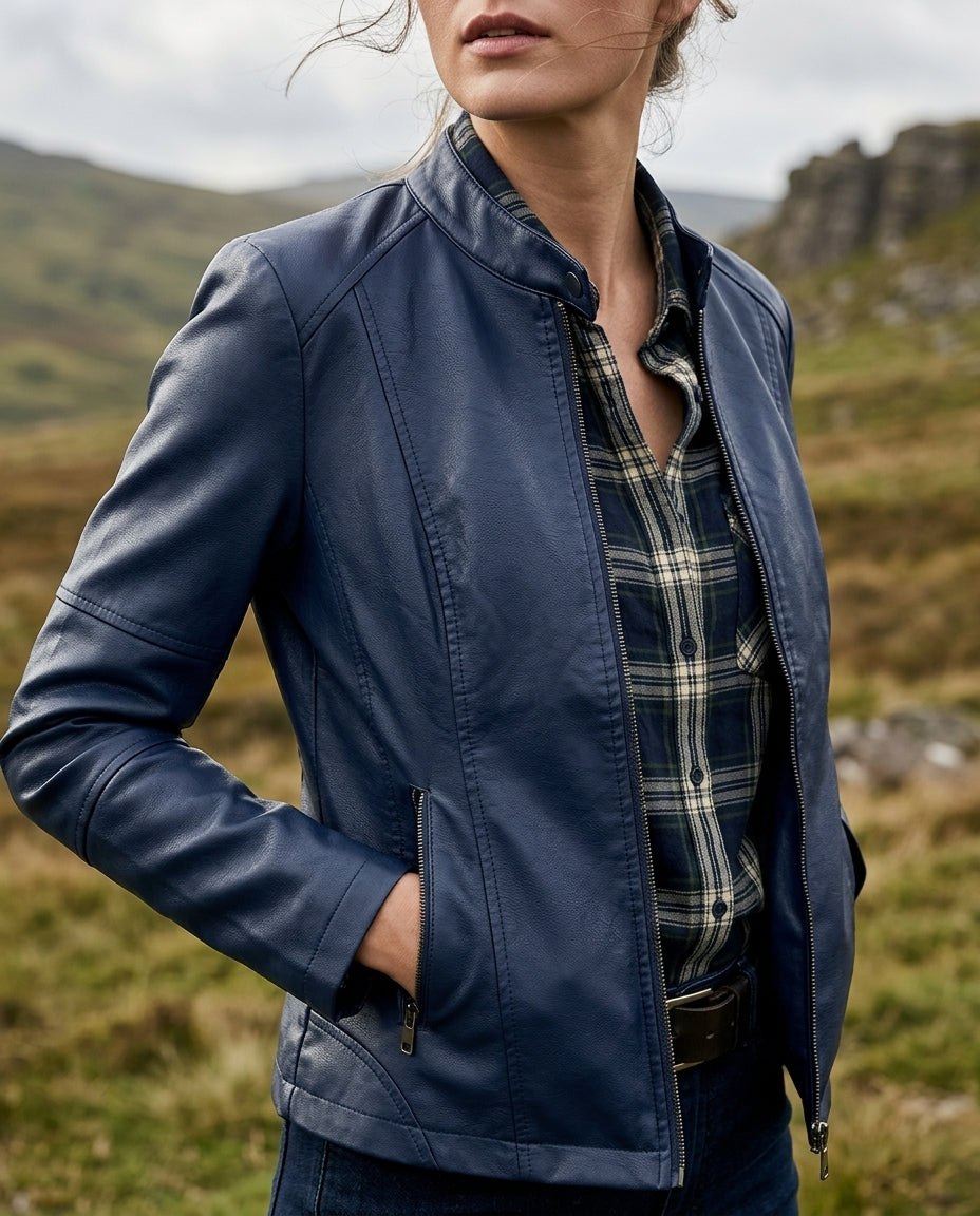 Women's Short Biker-Style Jacket in Vegan Leather with Mock Collar & Hip Zippers for Office, Weekend & Everyday Layering | Thomler