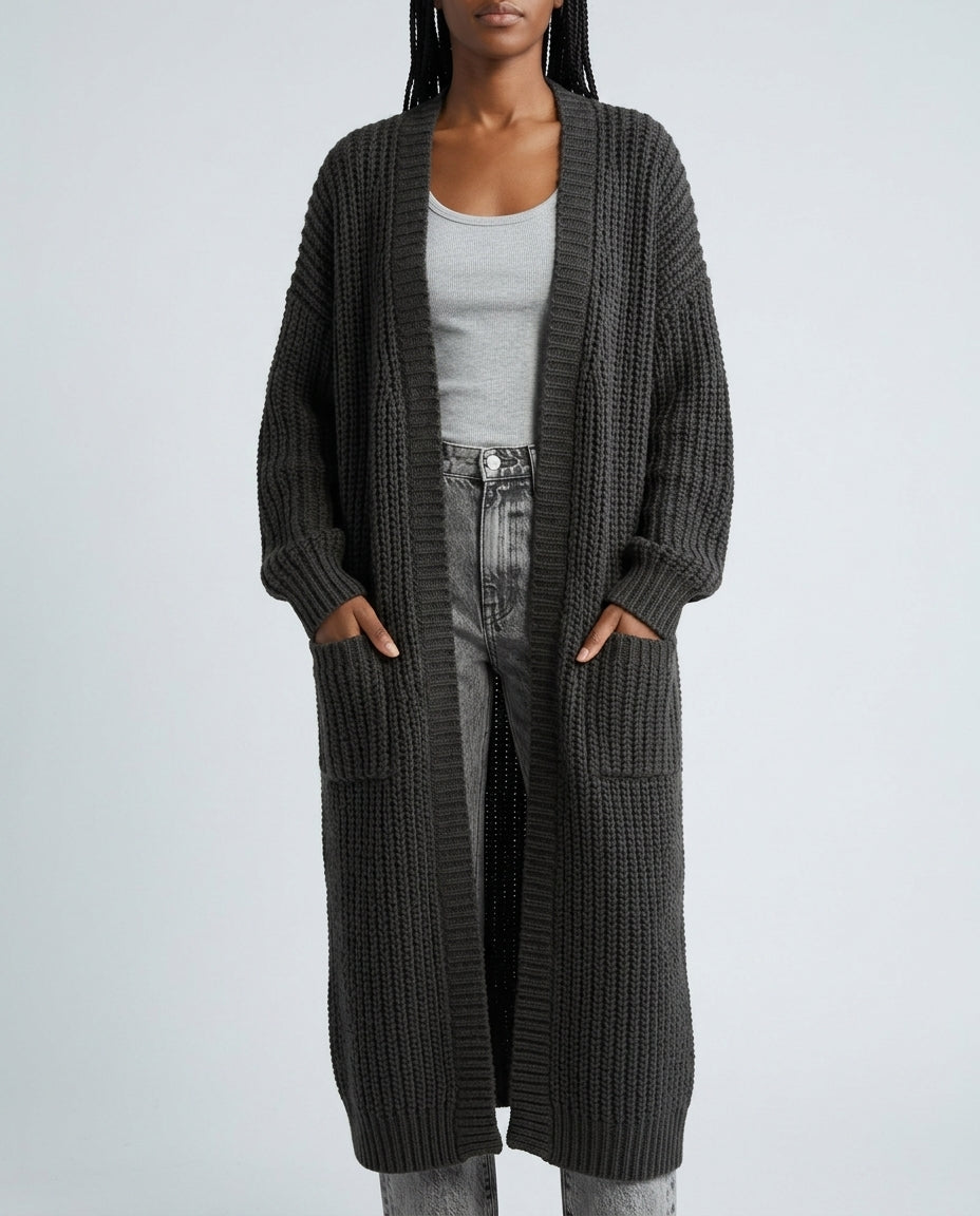 Women's Long Open Front Knit Sweater – Soft Cozy Cardigan for Everyday Layering, Oversized Relaxed Fit, Fall Winter Spring | Thomler