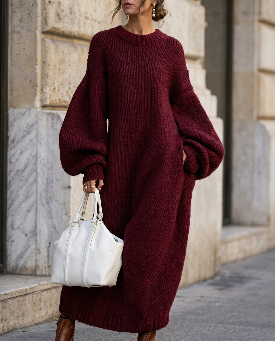 Long-Sleeve Sweater Dress in Thick Cable Knit – Full-Length Pullover with Puff Sleeves for Women | Thomler