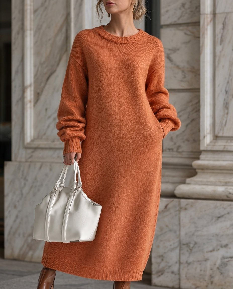 Long-Sleeve Sweater Dress in Thick Cable Knit – Full-Length Pullover with Puff Sleeves for Women | Thomler