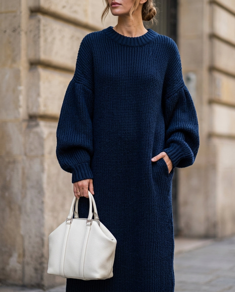 Long-Sleeve Sweater Dress in Thick Cable Knit – Full-Length Pullover with Puff Sleeves for Women | Thomler