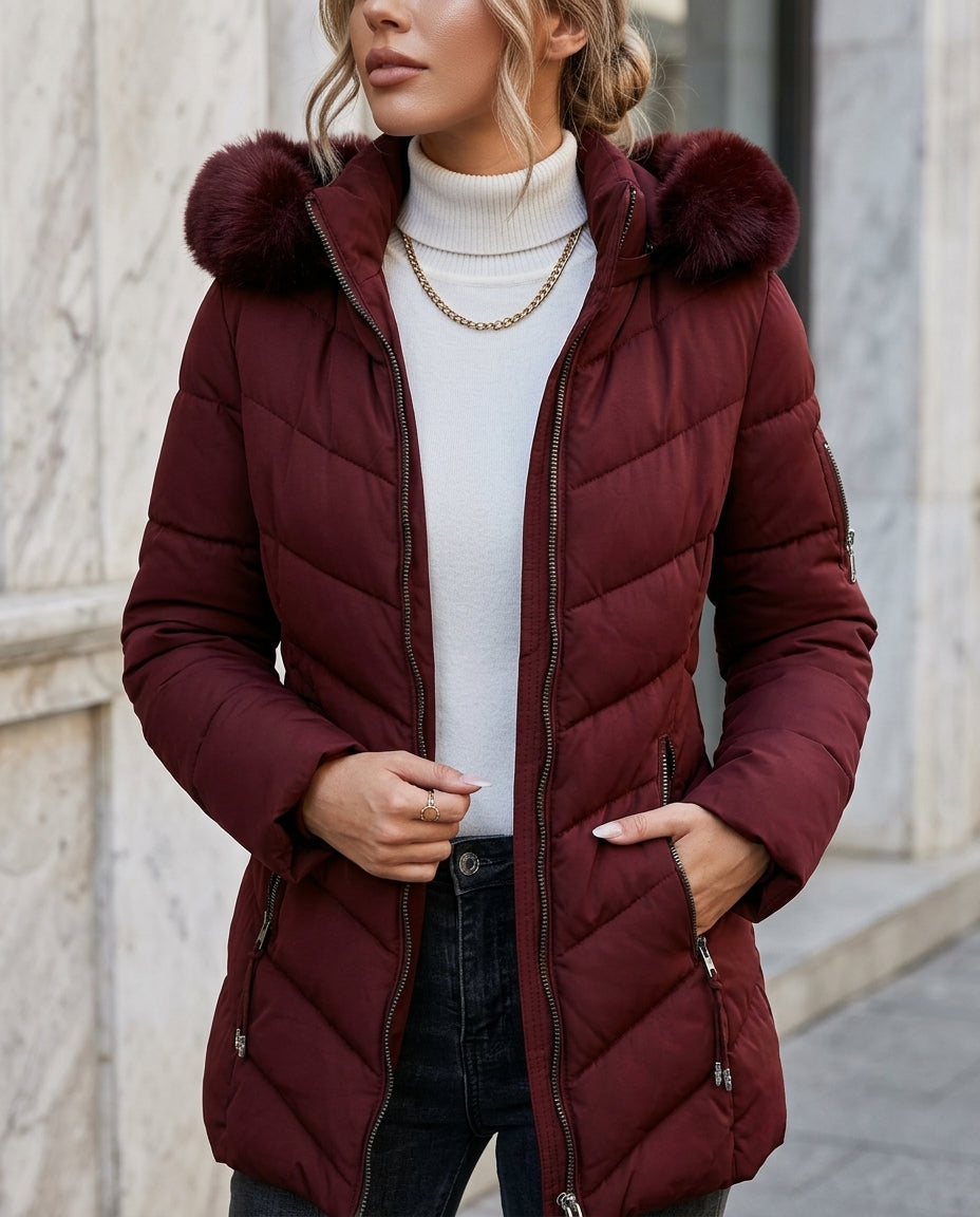 Women's Insulated Hooded Winter Jacket with Detachable Fur Trim & Adjustable Waist Tie | Thomler