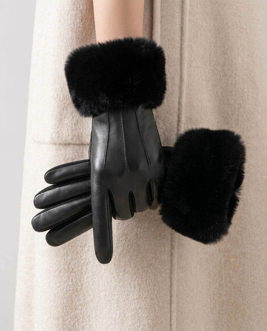 Women's Faux Leather Winter Gloves with Plush Fur Cuff for Cold Weather | Thomler