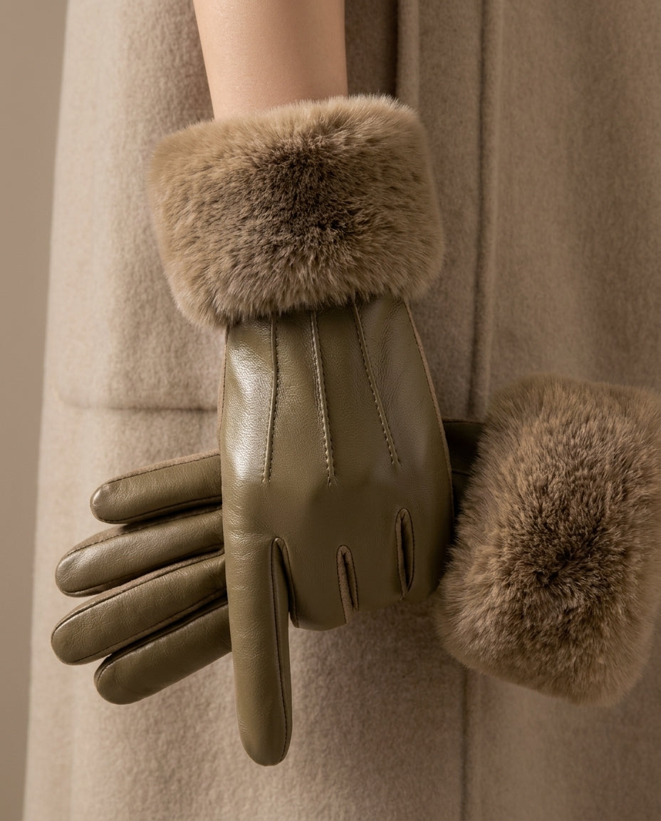 Women's Faux Leather Winter Gloves with Plush Fur Cuff for Cold Weather | Thomler