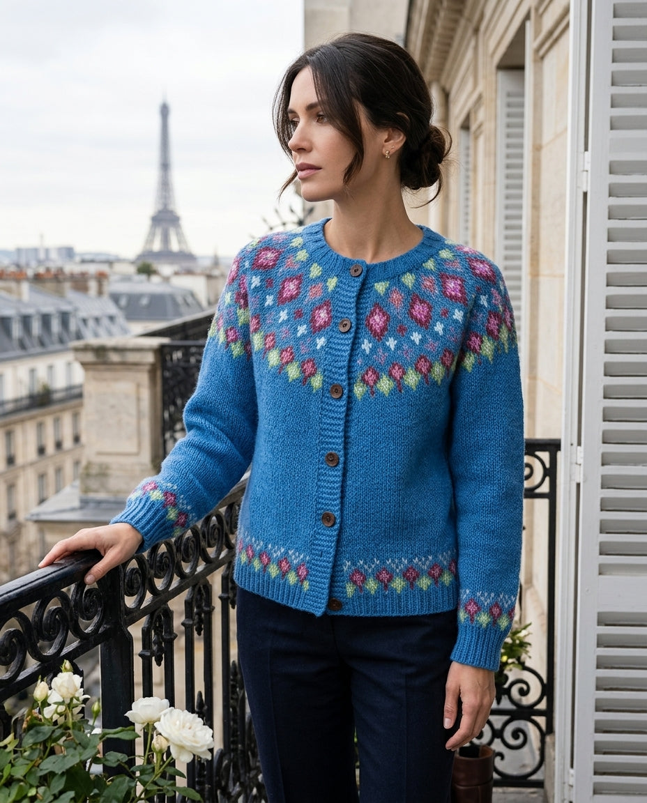 Women's Button-Front Knit Cardigan with Diamond Pattern Yoke – Raglan Sleeve Sweater for Casual Everyday Wear | Thomler