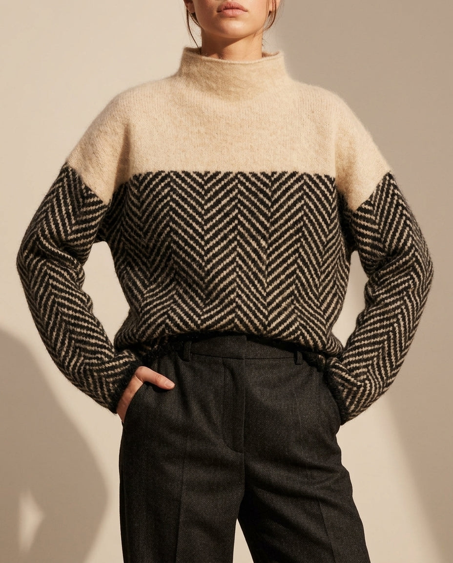 Women's Two-Tone Mock Turtleneck Pullover with Diagonal Knit Pattern – Relaxed Fit Wool Blend Sweater for Fall & Winter | Thomler