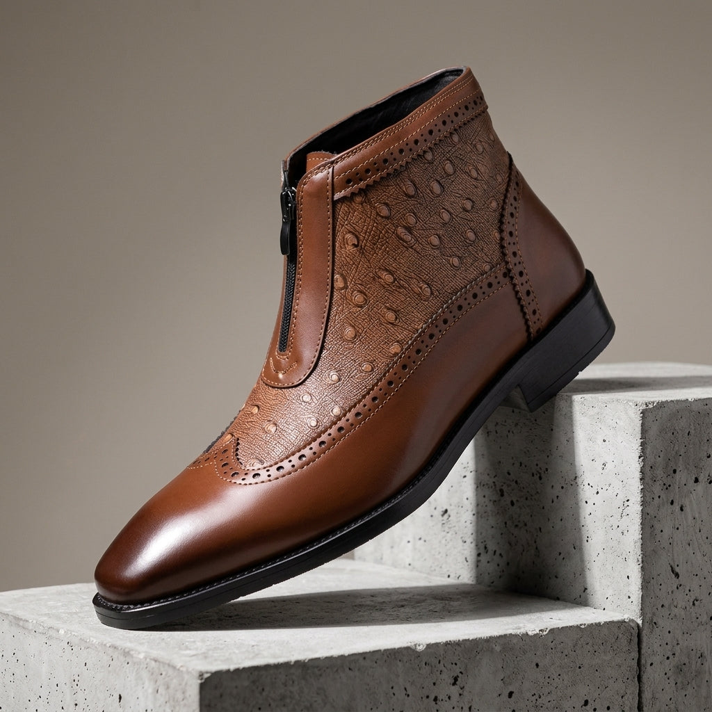 Men's Zippered Dress Boots with Ostrich-Embossed Leather Panel | Versatile Ankle Boots for Work, Casual Outings & Evening Wear | Thomler