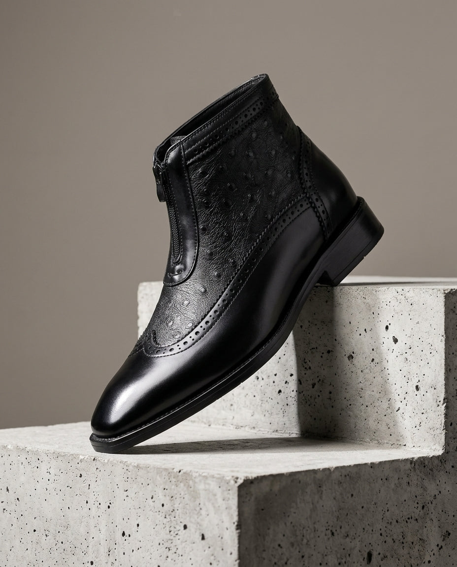 Men's Zippered Dress Boots with Ostrich-Embossed Leather Panel | Versatile Ankle Boots for Work, Casual Outings & Evening Wear | Thomler