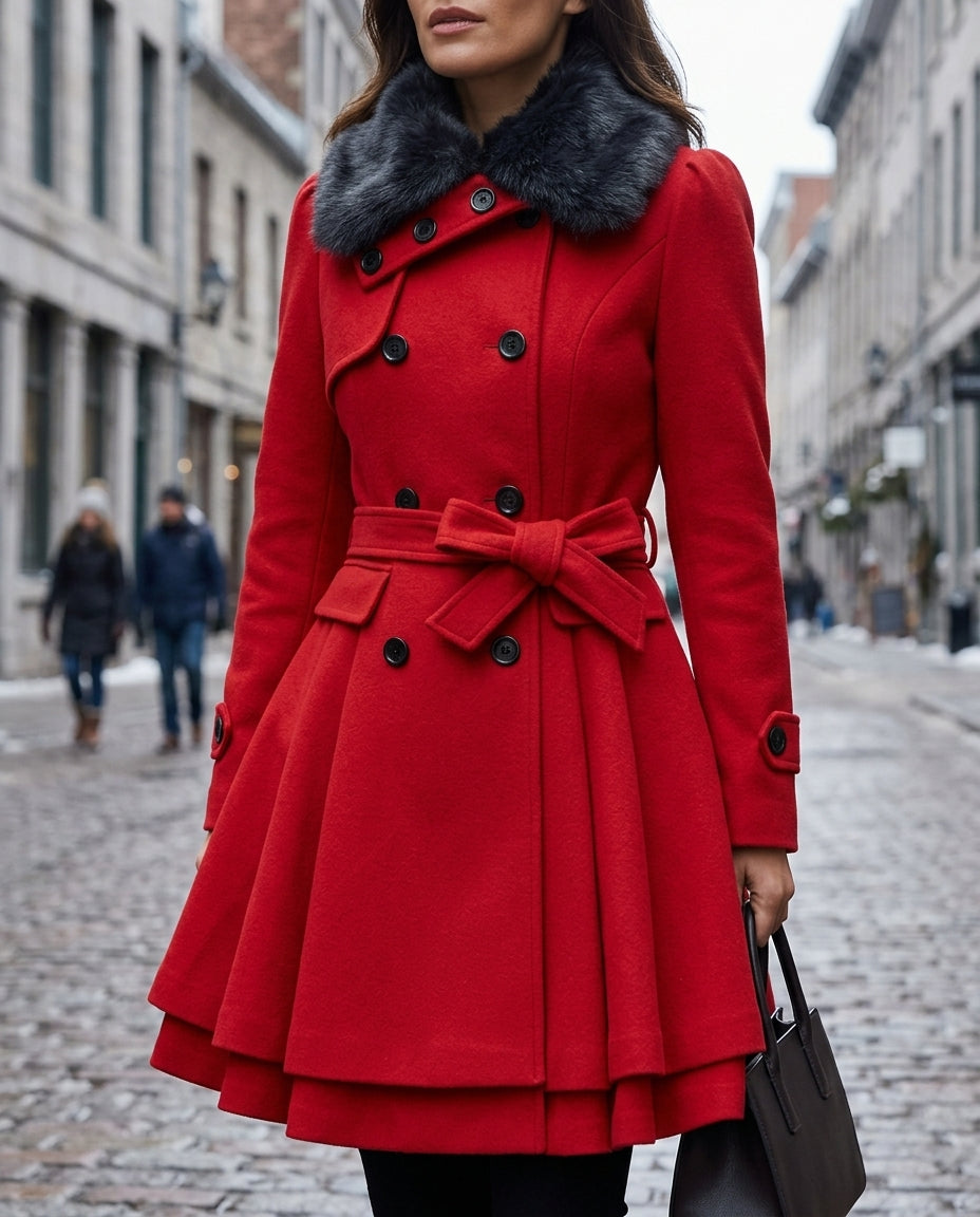 Women's Belted Wool Coat with Faux Fur Collar & Flared Peplum Skirt | Thomler