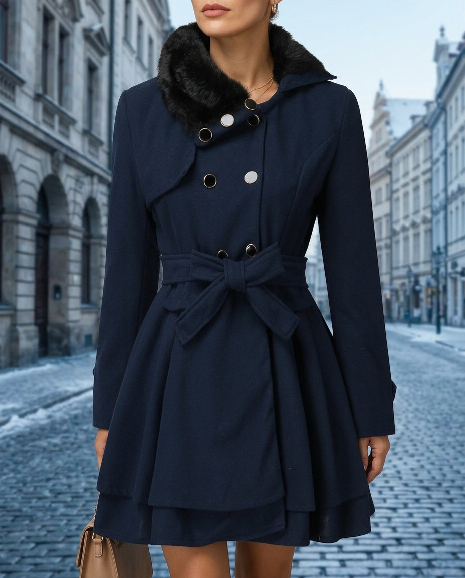 Women's Belted Wool Coat with Faux Fur Collar & Flared Peplum Skirt | Thomler