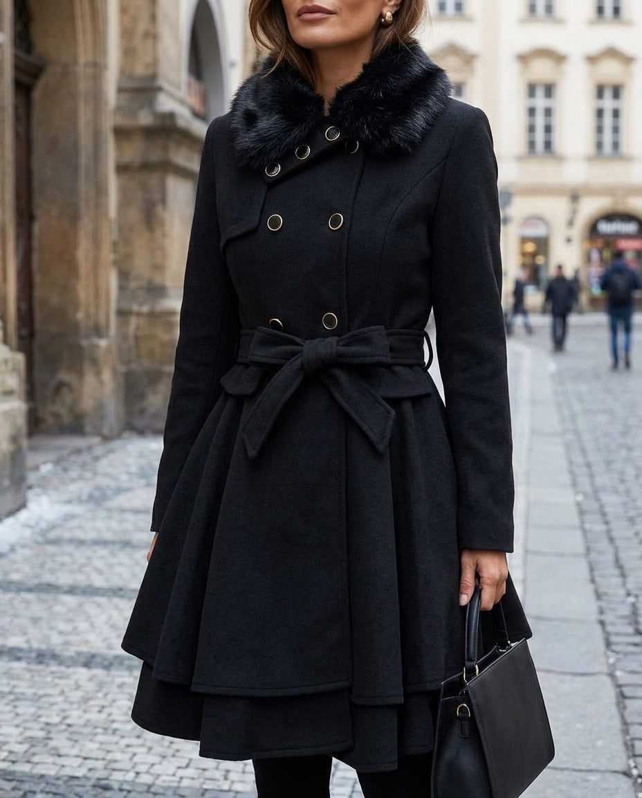 Women's Belted Wool Coat with Faux Fur Collar & Flared Peplum Skirt | Thomler