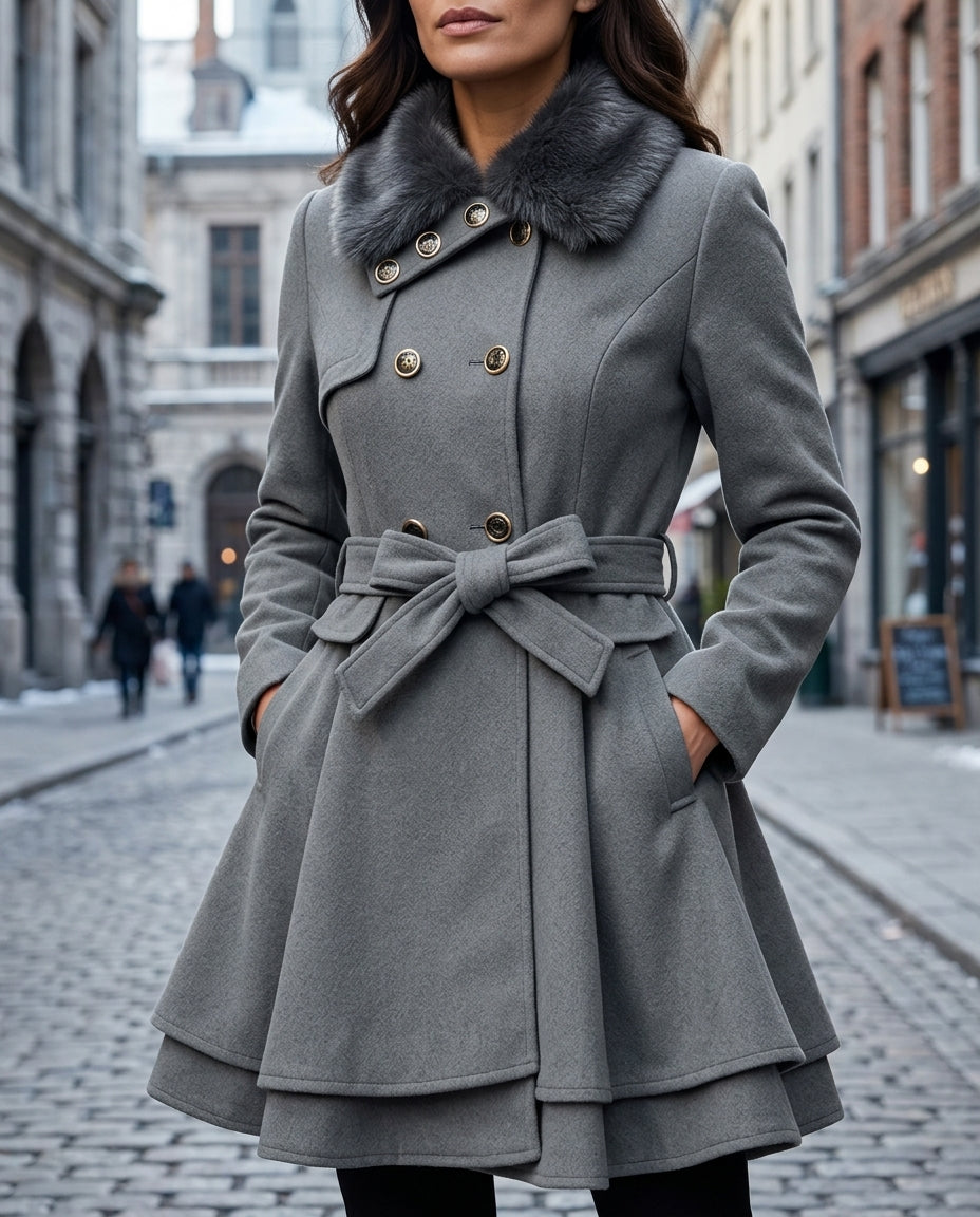 Women's Belted Wool Coat with Faux Fur Collar & Flared Peplum Skirt | Thomler