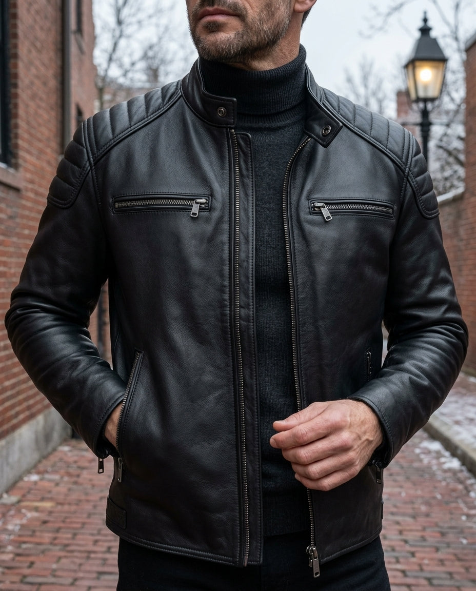Men's Full-Zip Distressed Leather Biker Jacket with Quilted Shoulders & Four Pockets – Classic Moto Style for Everyday Wear | Thomler