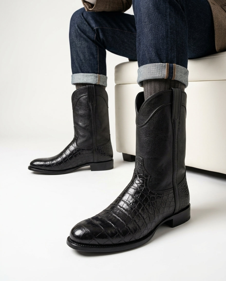 Men's Western Cowboy Boots with Textured Crocodile Print Leather – Cushioned Insole & Pull-On Tab for All-Day Comfort | Thomler