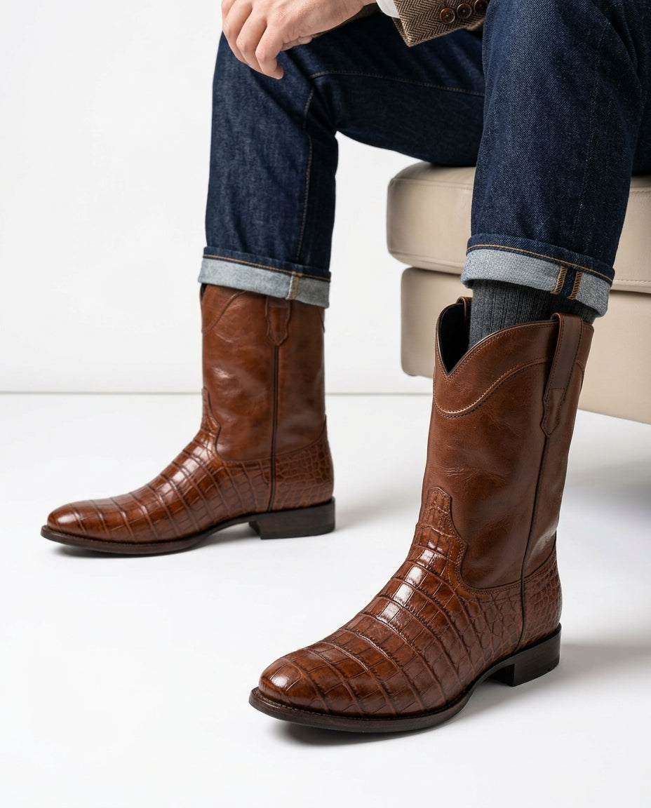Men's Western Cowboy Boots with Textured Crocodile Print Leather – Cushioned Insole & Pull-On Tab for All-Day Comfort | Thomler