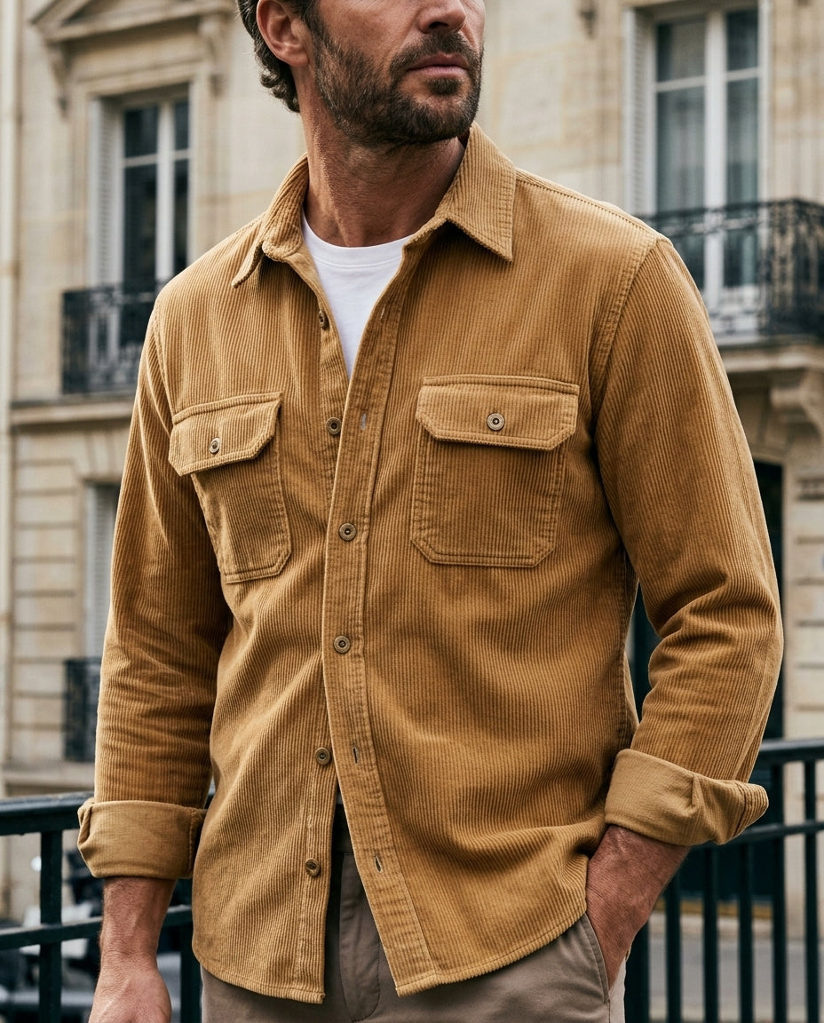 Men's Ribbed Cotton Shirt Jacket with Chest Pockets – Button-Front Layering Top for Casual & Work Wear | Thomler