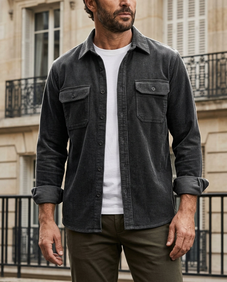 Men's Ribbed Cotton Shirt Jacket with Chest Pockets – Button-Front Layering Top for Casual & Work Wear | Thomler