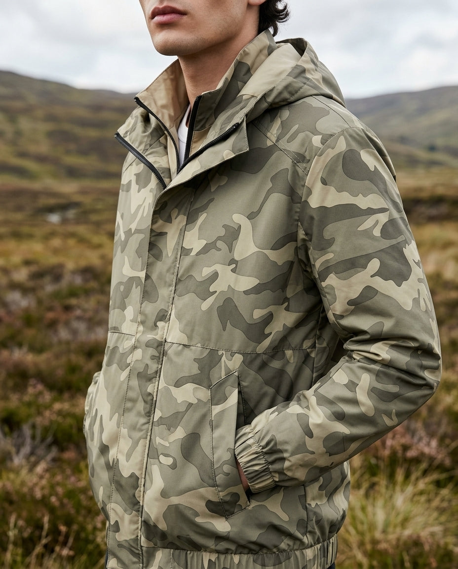 Men's Camouflage Hooded Windbreaker Jacket – Water-Resistant Outdoor Coat with Full Zipper & Fleece Lining for Hiking, Camping, Hunting | Thomler