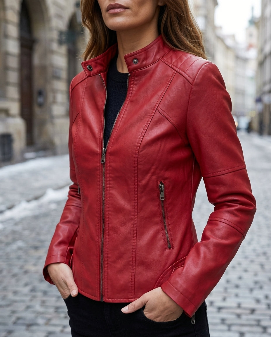 Women's Fitted Cropped Motorcycle Jacket in Genuine Leather with Zip Pockets and Adjustable Side Straps – Sleek Biker Style for Evening | Thomler