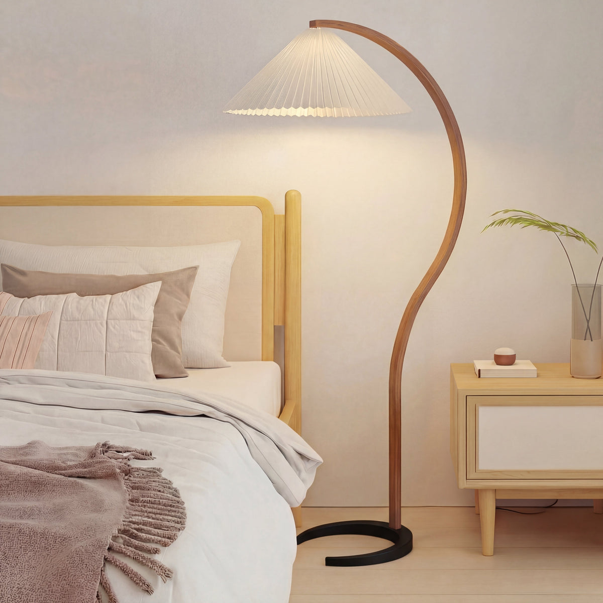 Arched Floor Lamp Sculptural Beechwood with Pleated Linen Shade Warm White LED Modern Scandinavian Living Room Bedroom Reading Light | Thomler