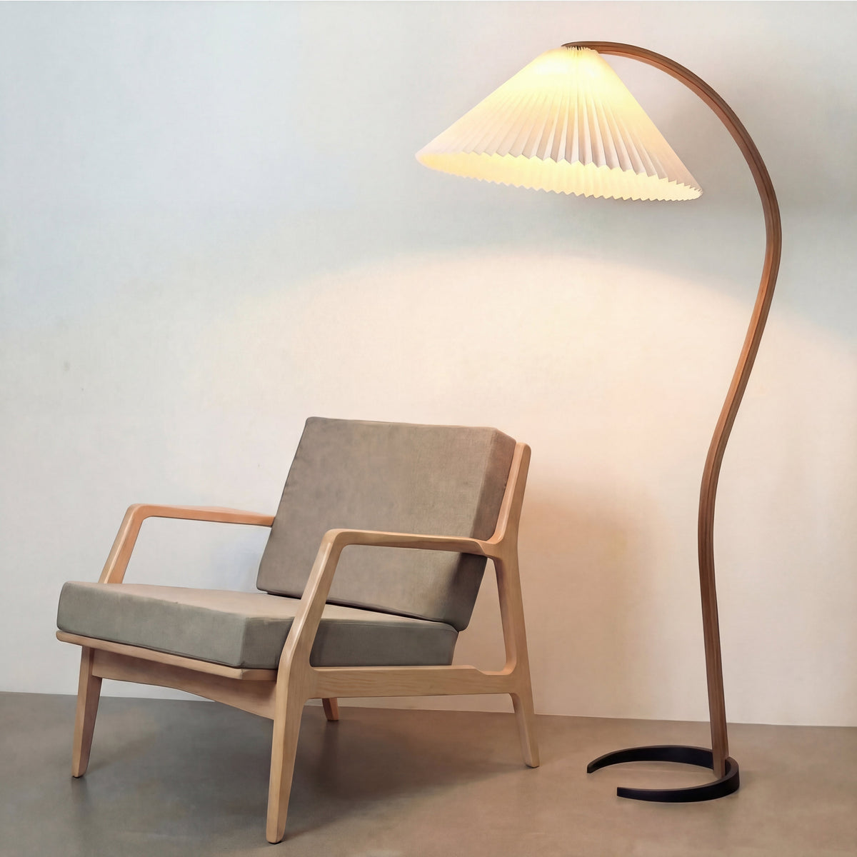 Arched Floor Lamp Sculptural Beechwood with Pleated Linen Shade Warm White LED Modern Scandinavian Living Room Bedroom Reading Light | Thomler