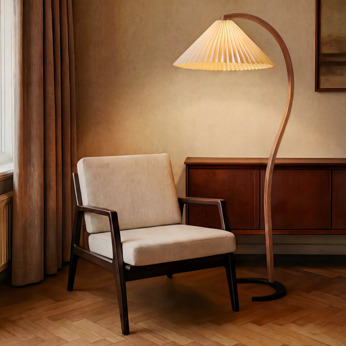 Arched Floor Lamp Sculptural Beechwood with Pleated Linen Shade Warm White LED Modern Scandinavian Living Room Bedroom Reading Light | Thomler
