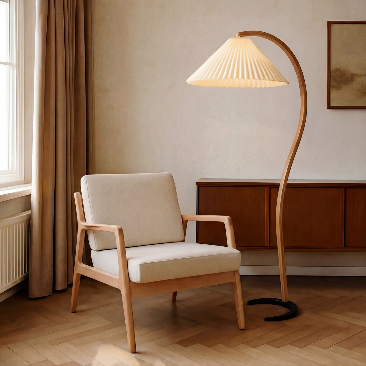 Arched Floor Lamp Sculptural Beechwood with Pleated Linen Shade Warm White LED Modern Scandinavian Living Room Bedroom Reading Light | Thomler