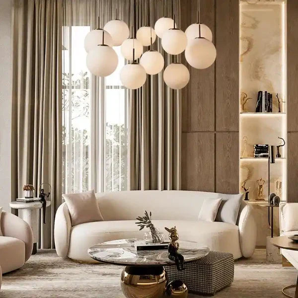 Adjustable Multi-Globe LED Spiral Chandelier 20-43 in Diameter Crackle or Matte Glass Brass Finish for Entryway & Dining Room | Thomler