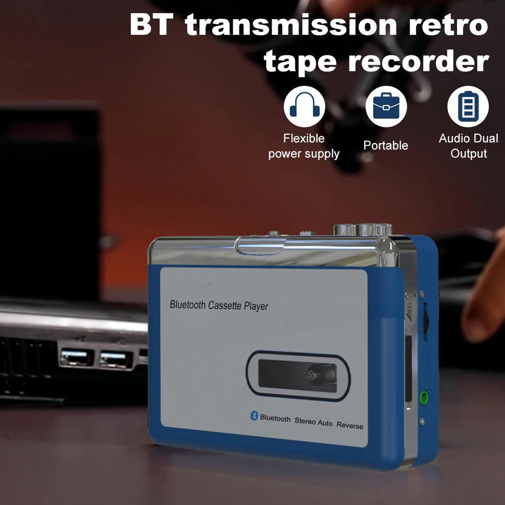 Portable Cassette Player with Bluetooth – Auto-Reverse Tape Deck with Wireless & Wired Playback for Retro Music Lovers | Thomler