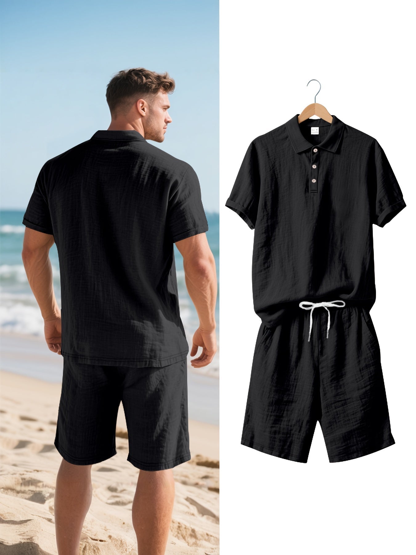 Men's Short-Sleeve Polo & Shorts Linen Set Summer Two-Piece Outfit Lightweight Breathable Casual Wear for Warm Weather | Thomler