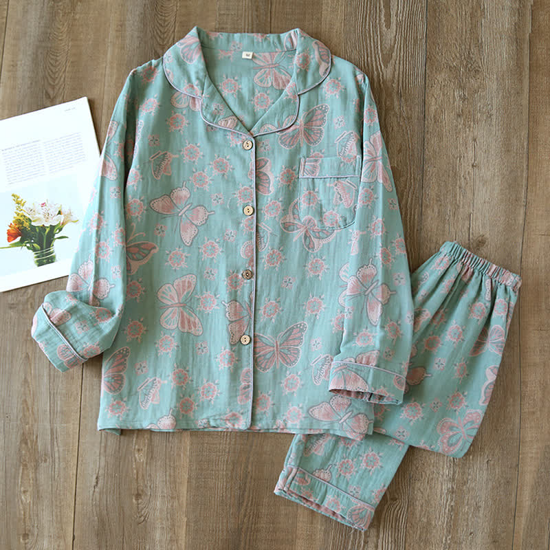 Women's Vintage Butterfly Print Cotton Pajama Set Short Sleeve Two Piece Sleepwear for Spring Summer Loungewear | Thomler