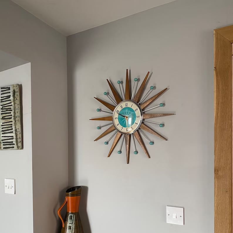 Handcrafted Sunburst Wall Clock Mid-Century Modern Design 16 Inch Silent Battery Operated Decorative Timepiece for Living Room Bedroom | Thomler