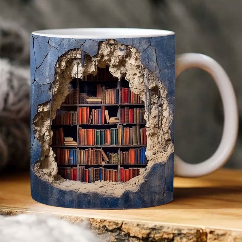 3D Bookshelf Ceramic Coffee Mug 12 oz Hand-Painted Book Lover Gift for Kitchen Office Library | Thomler
