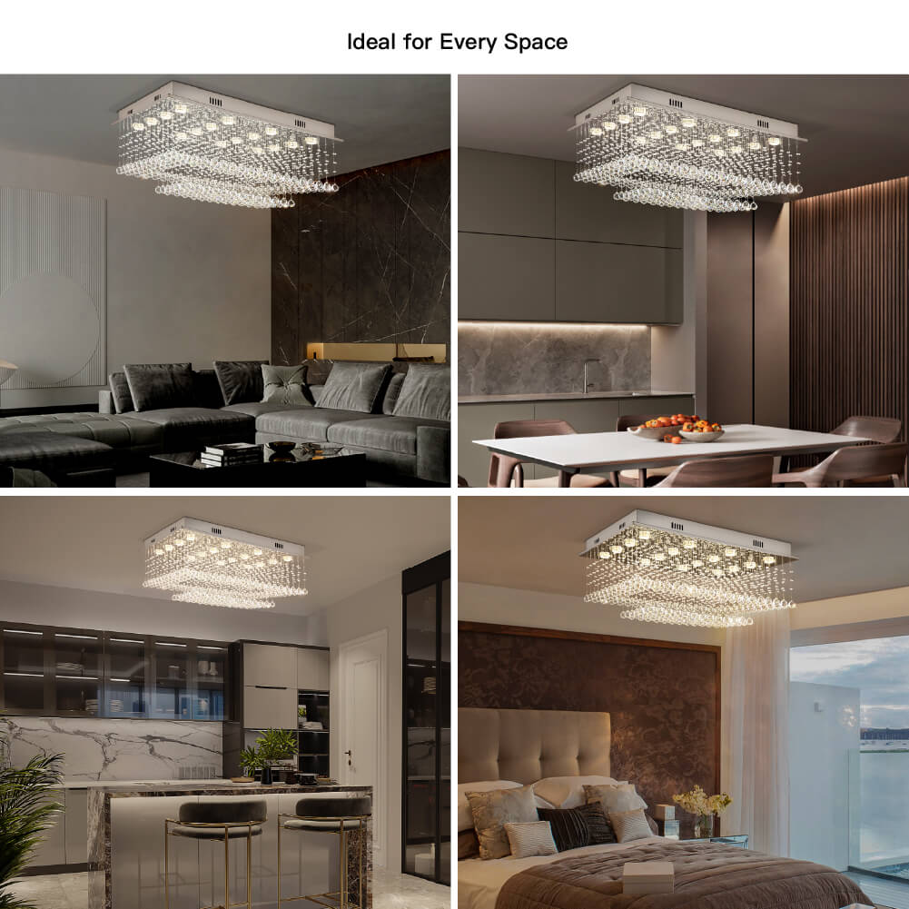 Tiered Glass Crystal Flush Mount Ceiling Light for Dining Room, Bedroom & Kitchen – Stainless Steel Frame, GU10 LED Compatible | Thomler