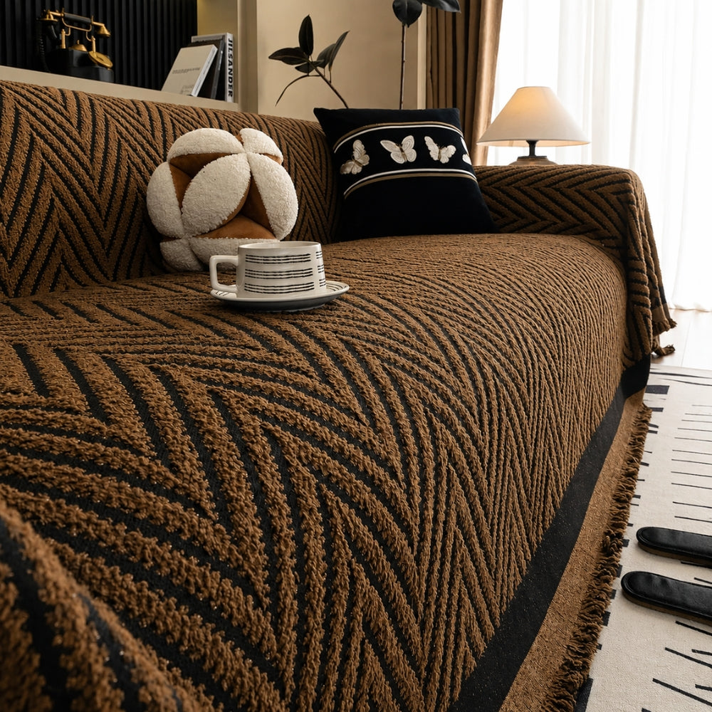 Textured Throw Blanket with Fringe Trim for Sofa | Modern Chevron Weave Furniture Protector & Decorative Accent | Thomler