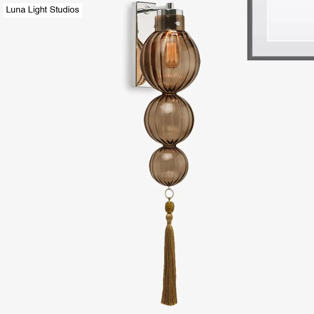 Round Glass Wall Sconce with Decorative Tassel | Asian-Inspired Globe Fixture | Chrome or Brass Finish for Living Room, Hallway, Bedroom | Thomler