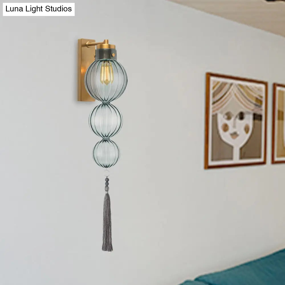 Round Glass Wall Sconce with Decorative Tassel | Asian-Inspired Globe Fixture | Chrome or Brass Finish for Living Room, Hallway, Bedroom | Thomler