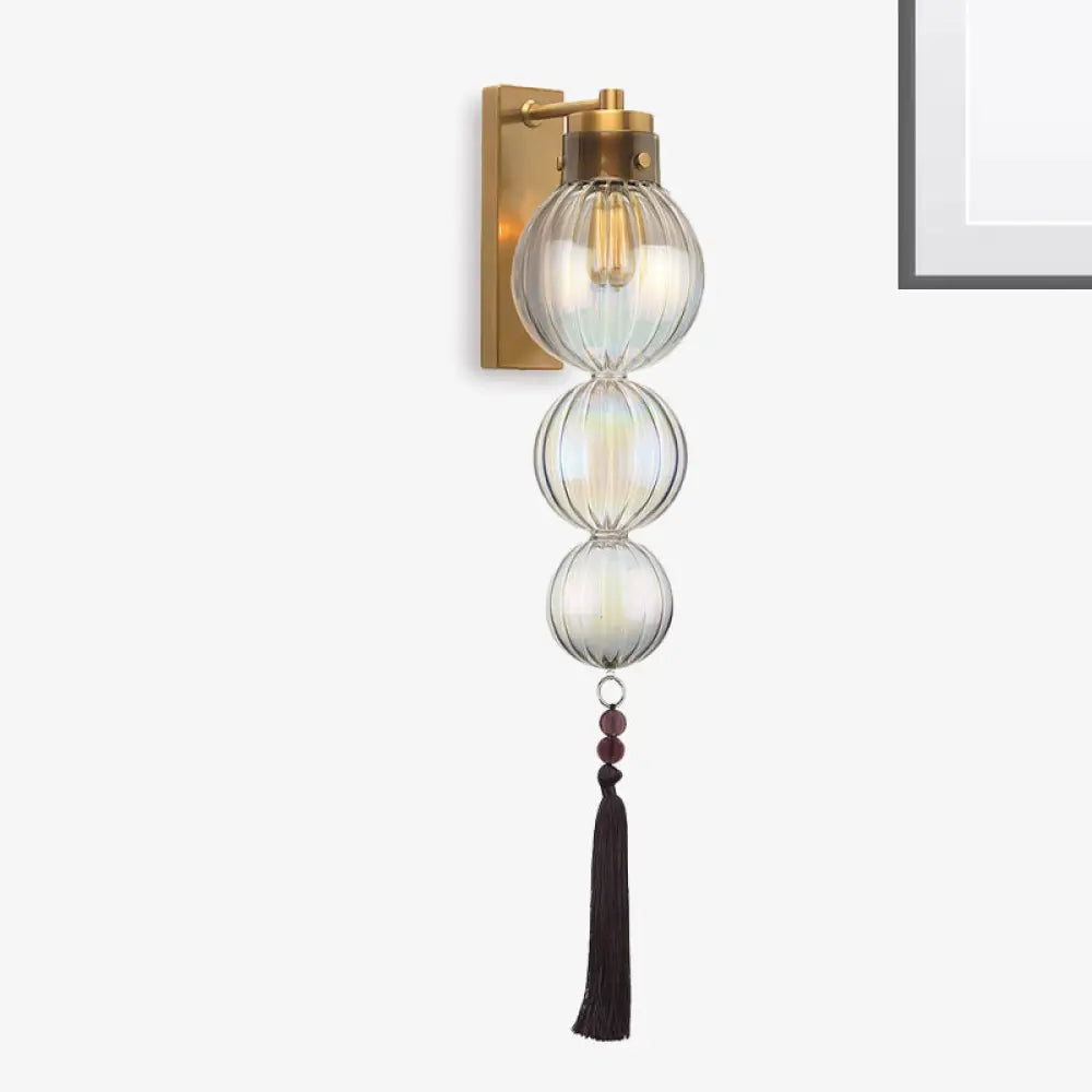 Round Glass Wall Sconce with Decorative Tassel | Asian-Inspired Globe Fixture | Chrome or Brass Finish for Living Room, Hallway, Bedroom | Thomler