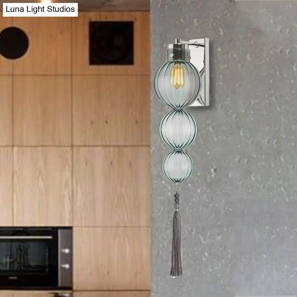 Round Glass Wall Sconce with Decorative Tassel | Asian-Inspired Globe Fixture | Chrome or Brass Finish for Living Room, Hallway, Bedroom | Thomler