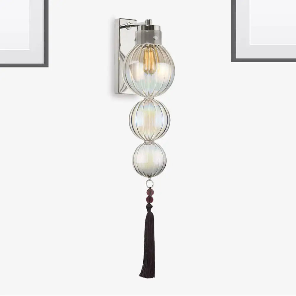 Round Glass Wall Sconce with Decorative Tassel | Asian-Inspired Globe Fixture | Chrome or Brass Finish for Living Room, Hallway, Bedroom | Thomler