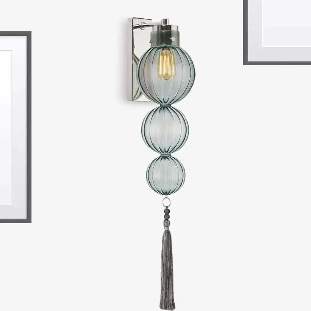 Round Glass Wall Sconce with Decorative Tassel | Asian-Inspired Globe Fixture | Chrome or Brass Finish for Living Room, Hallway, Bedroom | Thomler