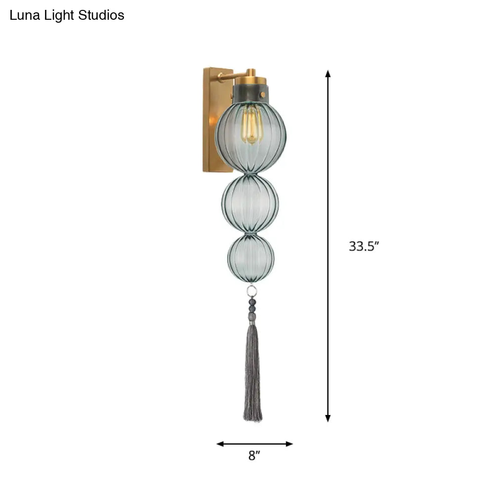 Round Glass Wall Sconce with Decorative Tassel | Asian-Inspired Globe Fixture | Chrome or Brass Finish for Living Room, Hallway, Bedroom | Thomler