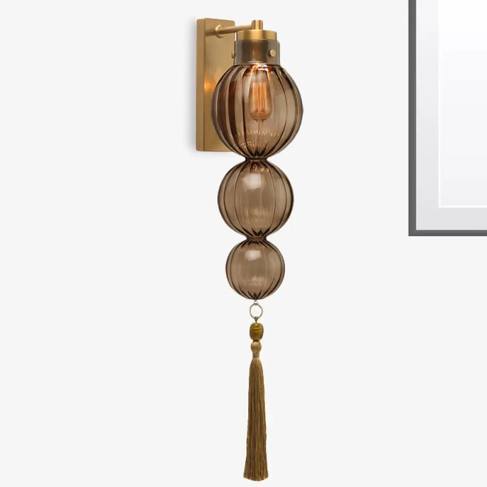 Round Glass Wall Sconce with Decorative Tassel | Asian-Inspired Globe Fixture | Chrome or Brass Finish for Living Room, Hallway, Bedroom | Thomler