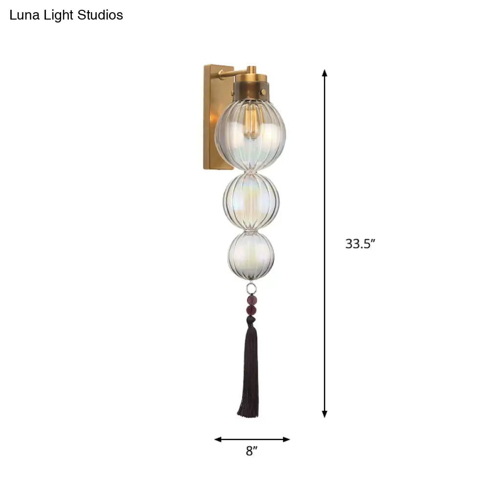 Round Glass Wall Sconce with Decorative Tassel | Asian-Inspired Globe Fixture | Chrome or Brass Finish for Living Room, Hallway, Bedroom | Thomler