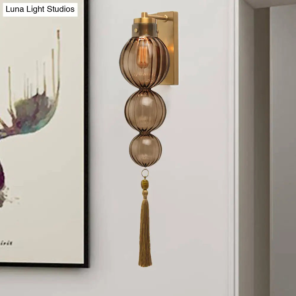 Round Glass Wall Sconce with Decorative Tassel | Asian-Inspired Globe Fixture | Chrome or Brass Finish for Living Room, Hallway, Bedroom | Thomler