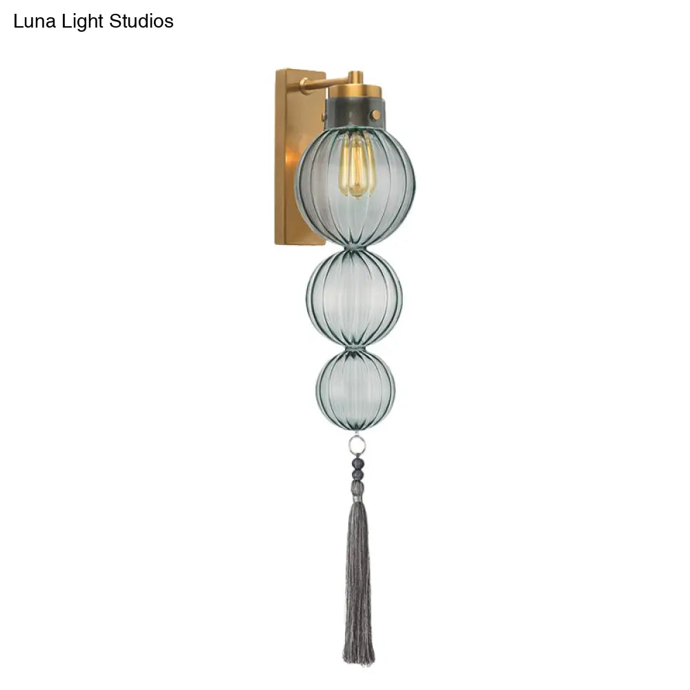 Round Glass Wall Sconce with Decorative Tassel | Asian-Inspired Globe Fixture | Chrome or Brass Finish for Living Room, Hallway, Bedroom | Thomler